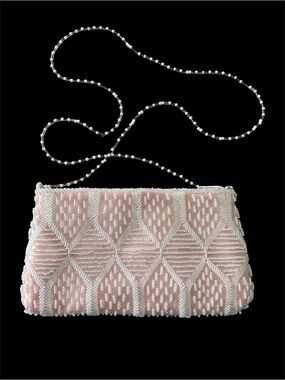 Dyeables Vintage Blush Pink Satin Beaded Shoulder Clutch with Beaded Strap